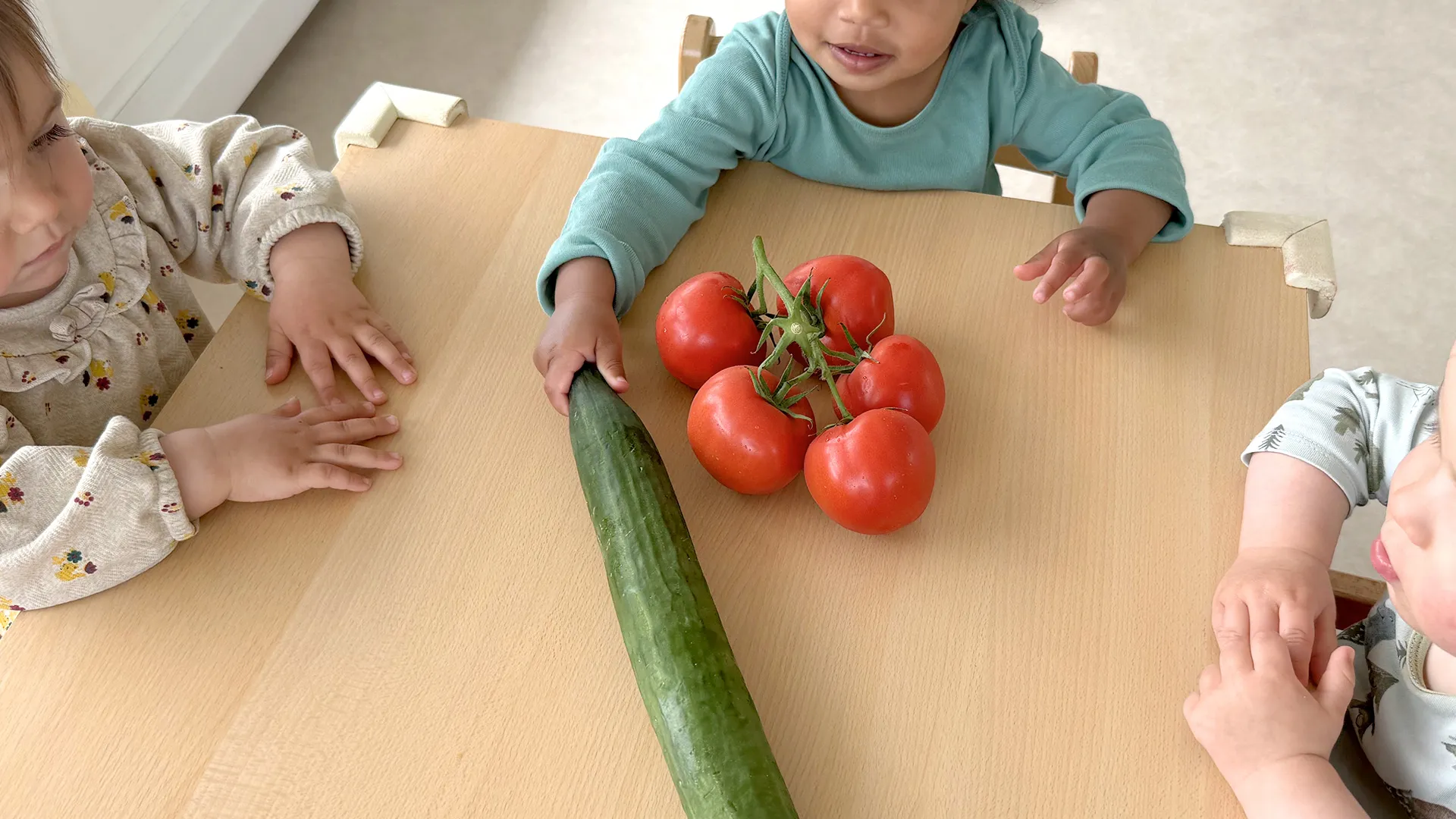 Main d’enfant touchant la peau lisse d’un concombre à la nurserie.