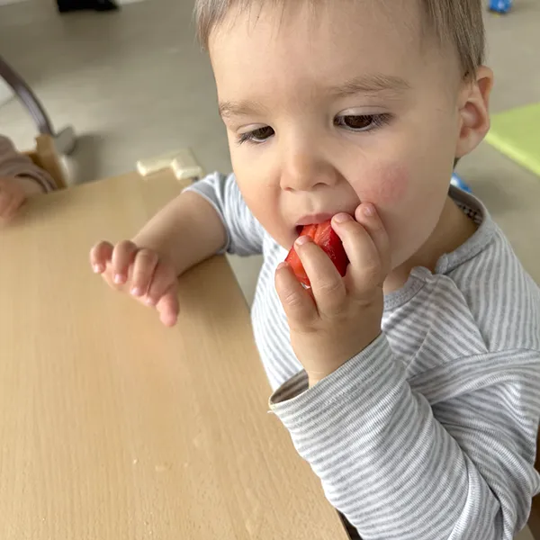 Moment de dégustation à la crèche : fraises et framboises au programme pour éveiller les papilles.