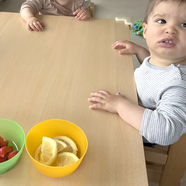 Moment de dégustation à la crèche : fraises et framboises au programme pour éveiller les papilles.